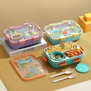 Cartoon Series Printed Stainless Steel Bento Lunch Box for School Kids 3 Compartments PP Fork Spoon Soup Food Packaging