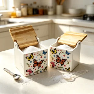 Ceramic Salt and Sugar Storage Container with Wooden Lid Kitchen Spice Storage Jar Moisture proof Seasoning Box