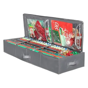 Christmas Ornament Wrapping Paper Container Durable PE Gift Wrap Storage Bag with Transparent Pockets