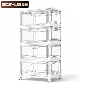 Clear 4-Tier Foldable Plastic Stackable Food Storage Bins 40-50L Magnetic Lid | Modern Closet & Bedroom Organizer