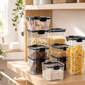 Clear Airtight Plastic Food Storage Container Stackable Kitchen Grain Snack Organizer Jar with Snap Lock Lid
