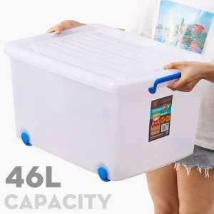 Clear Full Size Rectangle PP Stacking Plastic Storage Box Container with Wheels