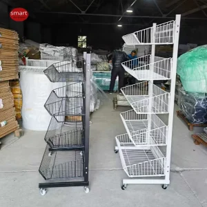 Commercial Mobile Wire Basket Display Rack 4 Tier Retail Snack Stand Supermarket Wire Dump Bin with Wheels