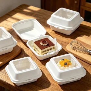 Compostable Sugarcane Cake Box Square Clear Window Biodegradable Mousse Tiramisu Bakery Packaging Container