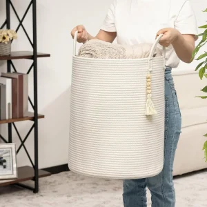 Cotton Rope Woven Storage Basket Handmade Foldable Woven Laundry Hampers Large Baskets With Durable Handles