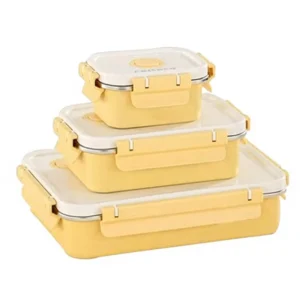 Cream Yellow Stainless Steel Lunch Box White Lid Four Side Buckle Vent Button Refrigerator Fruit Vegetable Fresh Storage