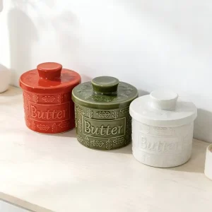Cross border Round Ceramic Butter Crock for Household Embossed Airtight Container Butter Storage Jar and Butter Dish