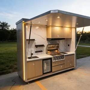 Custom Aluminum Panel Outdoor Kitchen Weatherproof Grill Station with Adjustable Storage Cabinets OEM Supplier