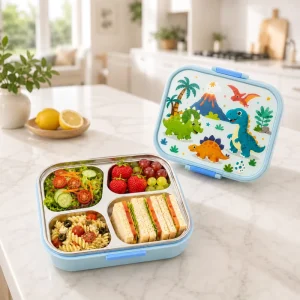 Custom Color 696ml 4 Compartment Food Grade 304 Stainless Steel Removable Tray BPA Free Kids School Bento Lunch Box