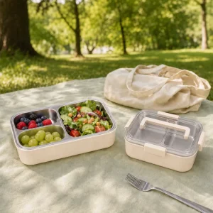 Custom Color Food Grade 304 Removable Steel Tray 1000ml 2 Compartment Durable Latches Kids School Bento Box Lunch Box