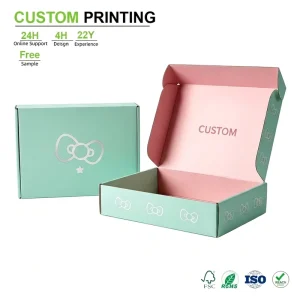 Custom Ribbon Art Corrugated Box Mint Green Bow Pattern Mailer for Boutique Retail Product Branding Bulk Orders