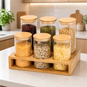 Custom Spice Candy Coffee Food Kitchen Storage Airtight High Borosilicate Glass Jars with Bamboo Lids