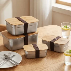 Customizable Stainless Steel Square Food Container with Wooden Lid Leak Proof Compartments Personalized Printing Bento Box