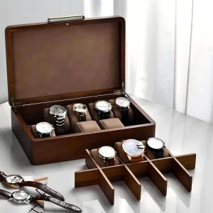 Customizable Wooden Watch Box with 10 Compartments of Cushions and a Large Capacity Polished Jewelry Storage Container