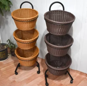 Customize Handcrafted Eco-Friendly Supermarket Fruit Vegetable PP Rattan Basket Storage Rack Kitchen Floor Three-Layer Shelves