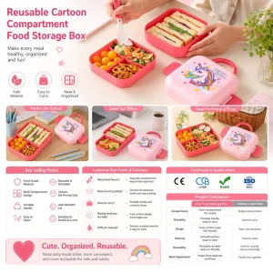 Customized Logo Reusable Cartoon Compartment Food Storage Box OEM ODM Kids Lunch Box Bento Container with Lid