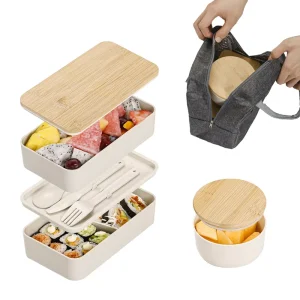 Customized Logo Sustainable Double Layer Lunch Box Large Capacity Bamboo Covered Student Bento Box