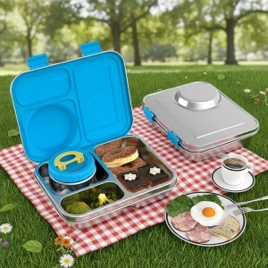 Cute BPA Free Heatable Leak Proof 304 Stainless Steel 3 Compartment Bento Box Anti slip Lunch Container for Kids