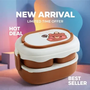 Cute Bear 2 Tier Snack Container with Lid Stackable Bento Box for Kids Lunch Fruit Nuts Storage