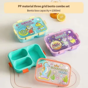 Cute Cartoon Print Kids 3 Compartments PP Plastic Lunch Box Children Stylish Functional Bento Box 1000ml Containers Easy Clean