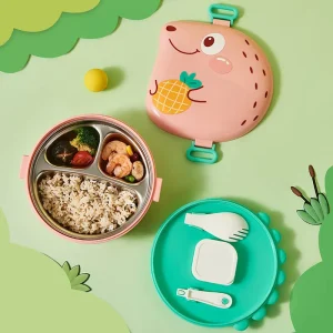 Cute Hedgehog Baby 304 Stainless Steel Insulated Tiffin Food Container Leakproof 3 Grids Thermos Bento Lunch Box for Kids School
