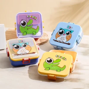 Cute Square Dual Tier 3 Compartment Plastic BPA Free Lunch Box for Children