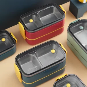 Cute Wheat Straw Rectangle Shape Dual Tier Stackable Bento Lunch Box for Kids Heatable Environment Friendly Storage