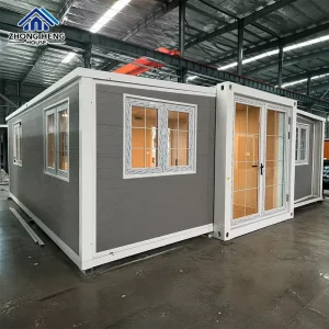 Dark Grey Wood-Grain Modular House Thick White Frame Charcoal Siding Double Glass Door Grid Windows Prefab Luxury Villa