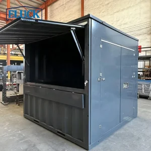 Demountable Flat Pack Powder Coated Assemble Foldable Mobile Portable Self Storage Container With Flat Pack Kiosk Hatch Shelves