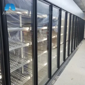 Display Walk In Cooler And Freezer With 20 Glass Doors And Gravity Sliding Shelves