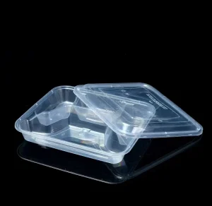 Disposable BPA Free 4 Compartment 850ml Plastic Food Container with Lid for Meal Prep Travel and Restaurant Use