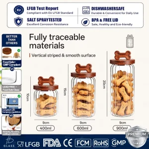 Dog Treat Jar Freeze Dried Pet Treat Jar Food Storage Containers Glass Food Storage Jar with Wooden Bone Shaped Lid