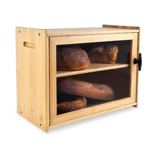 Double Layer Bamboo Bread Storage Box 15.7 Inch Extra Large Bread Container With Magnetic Door for Countertop