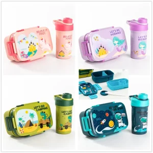 Double Layer Cartoon Kids Lunch Box Set with Water Bottle Fork Spoon Student Bento Box Portable Food Container for School Picnic