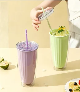 Double Wall Plastic Modern Design Cartoon Summer Crushed Ice Cup with Straw Parties Water Bottles Tumbler Lids 720ml