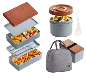 Double layer Bamboo Lid Square Lunch Box Soup Cup Set Cutlery Large Capacity Plastic Storage Container Microwave Safe Bento Box