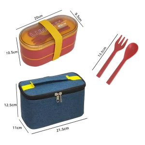 Double-layer Japanese Plastic Bento Lunch Box Set with Fork, Spoon, and Thermal Bag Microwavable Portable for Adults