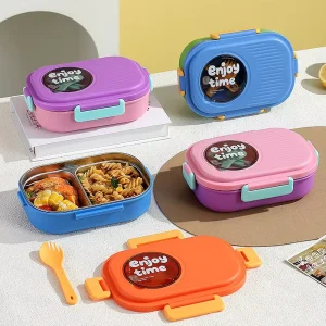 Dual Tier Lunch Box Microwave Safe Food Grade with Cutlery Airtight Divided Compartments Made 304 Stainless Steel Retro Style
