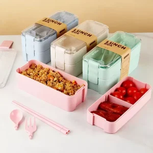Eco Friendly 3 Layer 900ml Food Storage Container Avec Sac Bento Box Wheat Straw Lunch Box with Cutlery