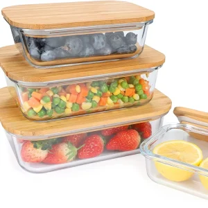 Eco Friendly Foldable Food Storage Containers Heat Resistant Microwavable Glass with Bamboo Lids