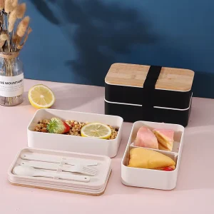 Eco Friendly Plastic Dual Tier Square Bento Lunch Box for Kids Freshness Preservation 0-1L Capacity Biodegradable Custom