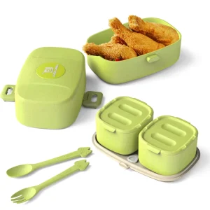 Eco Friendly Wheat Straw Kids Snack Box 3 Compartment Storage Container Plastic Waterproof Double Layer Lunch Box With Cutlery