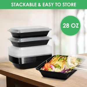 Eco friendly 28oz Super Thick Rectangular Plastic Bento Lunch Box with Leak Proof Lid Microwave Freezer Safe Meal Prep Container