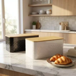 Embossed Square Metal Bread Box with 10mm Thick Bamboo Cutting Board Lid Large Kitchen Countertop Storage OEM
