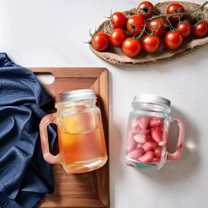 Empty Mini Glass Mason Jar with Handle 35ml 120ml Seasoning Condiment Container with Handle Silver Metal Lid Honey Spice Bulk