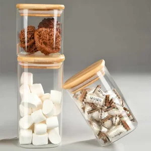 Factory Direct 400ml High Borosilicate Transparent Glass Jar Bamboo Cover Bulk Food Container Set for Party