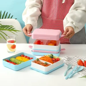Factory Direct Sales Japanese Bento Box Headset Creative Wheat Straw Double Layer Student Lunch Box Outdoor Picnic Storage Box