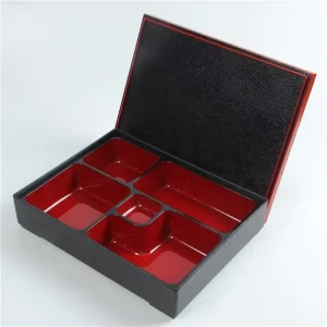 Five Compartment Japanese Bento Box with Plastic Wood Grain Lid Ambient Temperature Delivery Box for Individual Meals