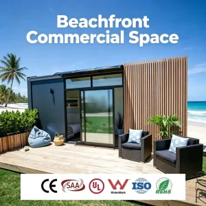 Flat Pack Container Beachfront Cottage with Sun Terrace and Glass Wall for Family Glamping Homestay Holiday Rental Investment