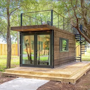 Flat Pack Container House Bolt Connected Prefab ADU for BnB Resort and Backyard Guest Room Wood Grain